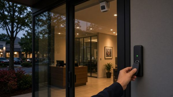 Hand tapping a key fob on a black card reader with a green light beside the glass front door of a small office at dusk