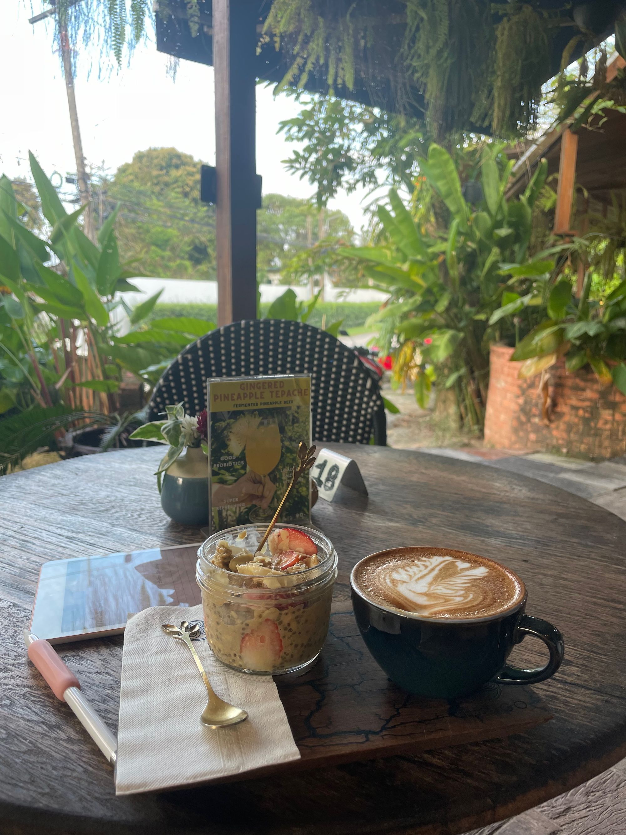 Food and coffee on a table at a cafe