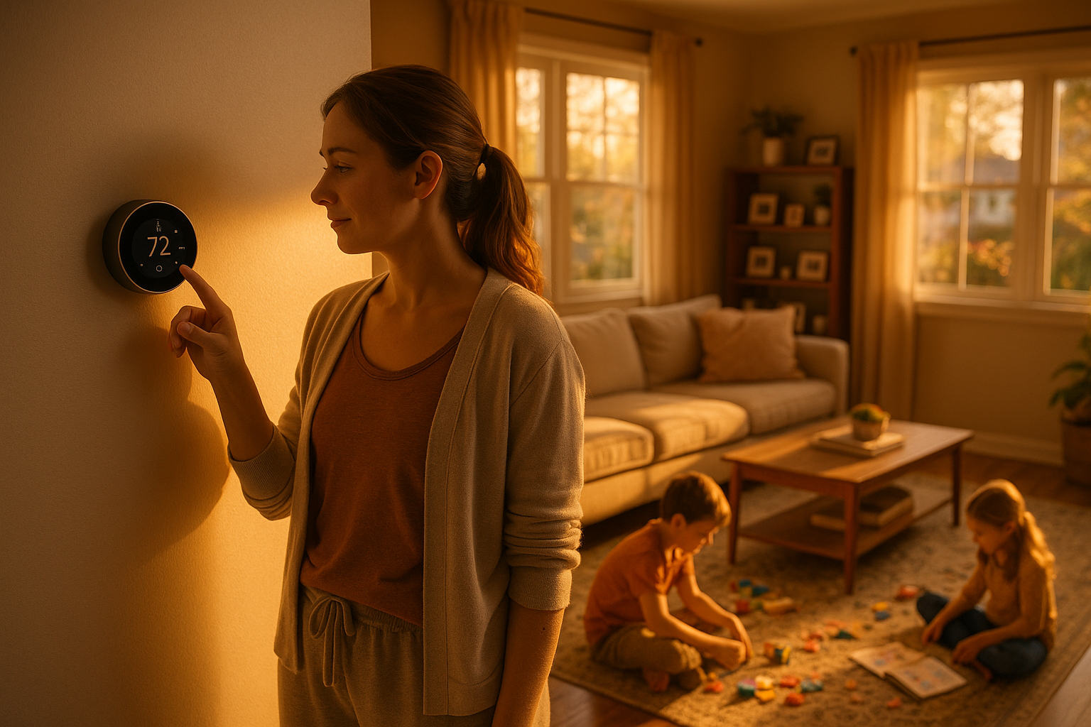 a housewife using a smart thermostat in her living room while her children play behind her.  Evening light, nice suburban house