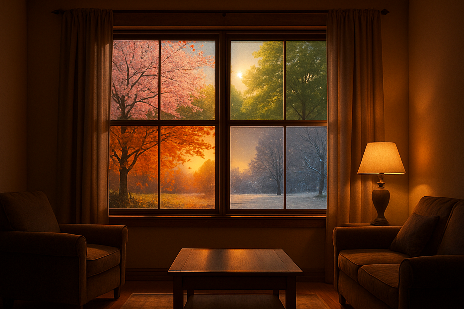 a view out a beautiful living room window at evening time, but showing four different seasons and how they affect the view of the outside