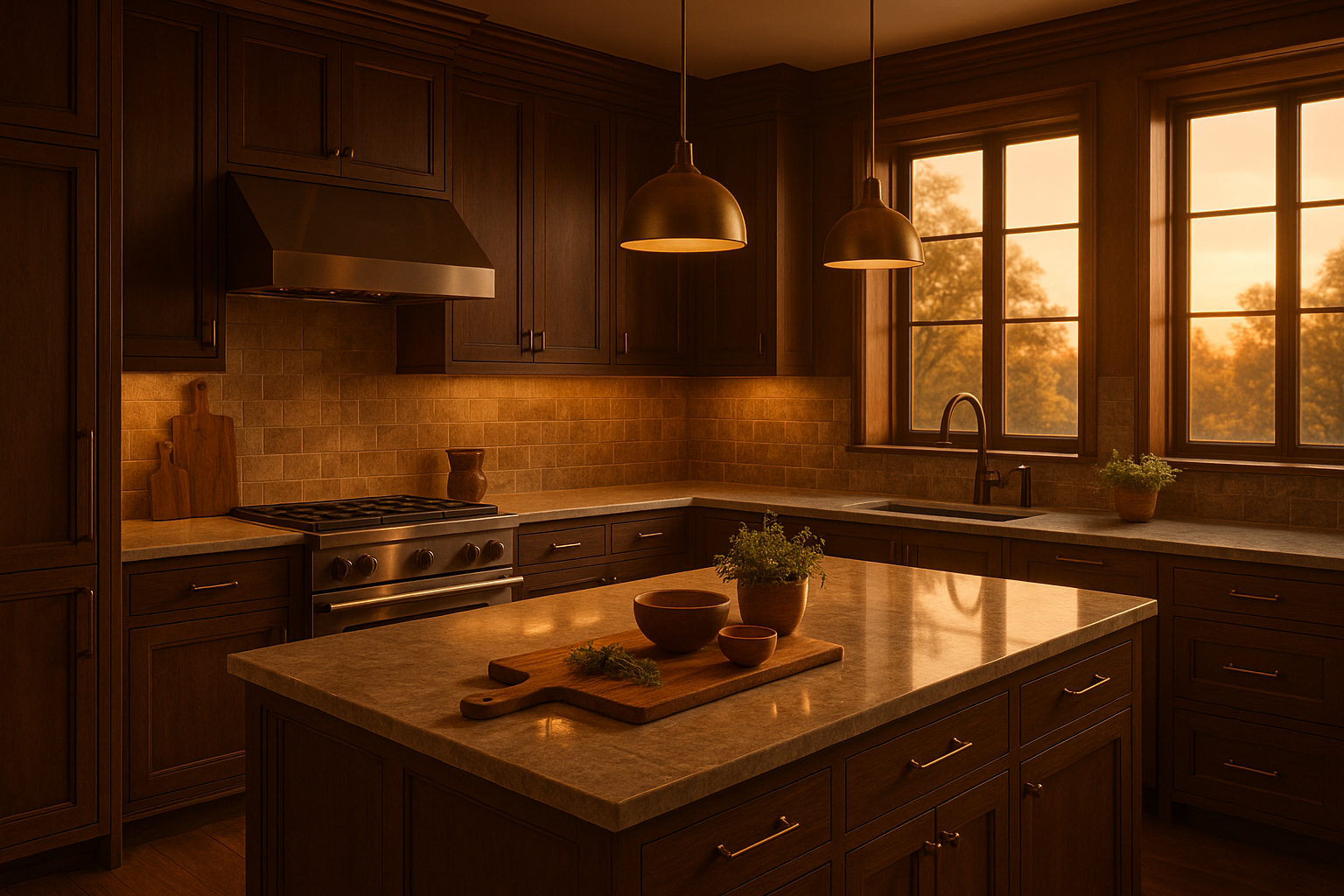 Designer luxury kitchen, mid tones, more brownish, cozy, evening light outside
