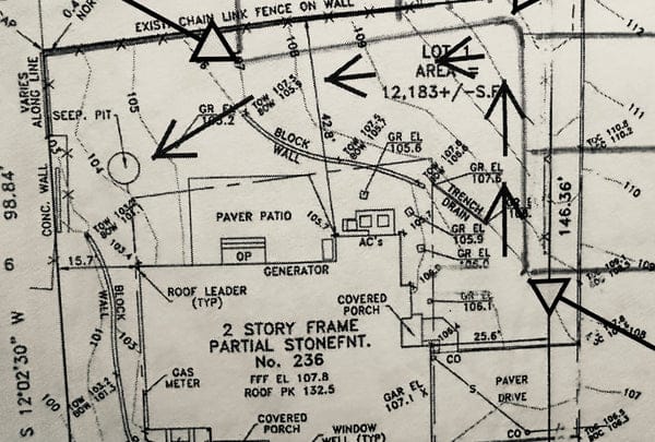 See arrows for water flow to proposed seepage pit