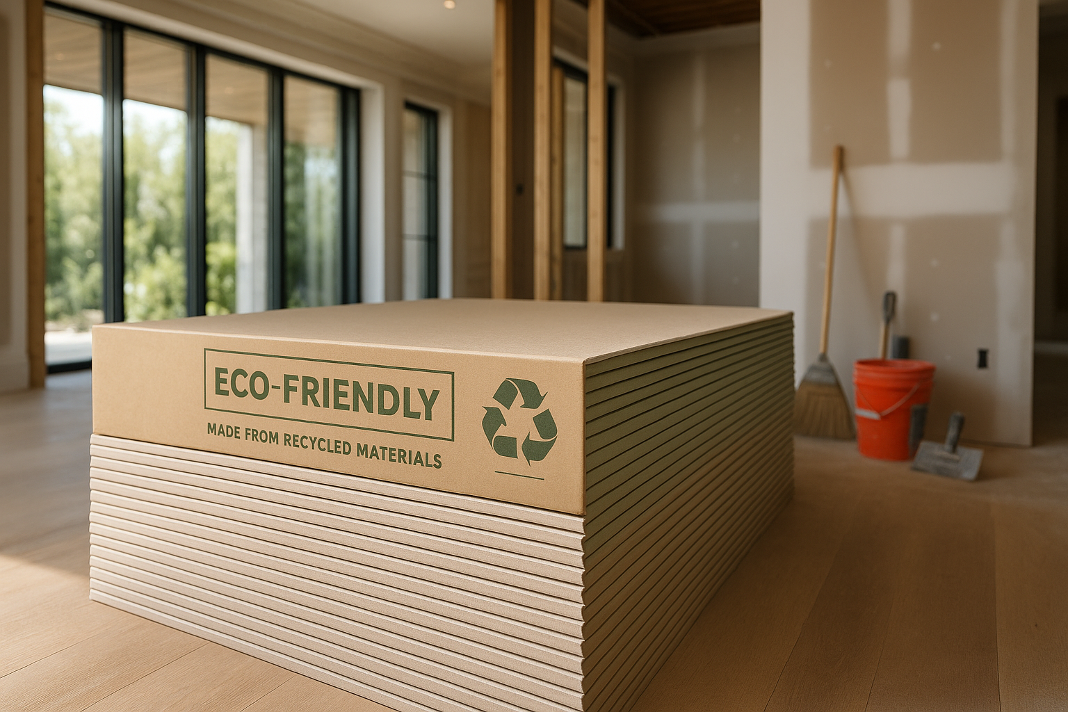 stack of sheetrock ready to be installed in a new luxury home, make it look eco friendly building materials