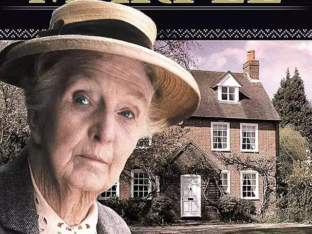 Photo of Miss Marple with a quaint cottage in the background