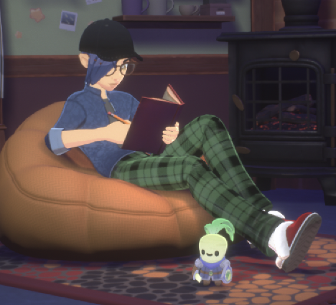 screen shot of white woman with blue hair and a black cap sitting in a bean bag chair, writing in a book, accompanied by a living parsnip with a sword and shield.