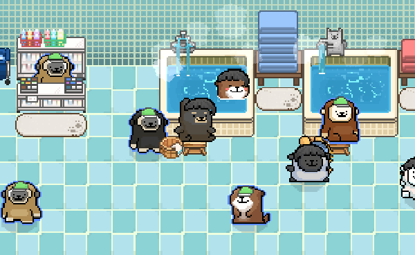 screen shot of game with many cute animals wandering around a spa and sitting in tubs. 