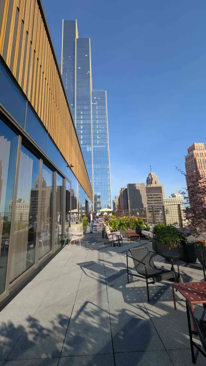 Featured image for the I got a look inside Pine Hall at the top of the Hudson's building, and it might be the most 'New Yorky' rooftop watering hole in Detroit. podcast.