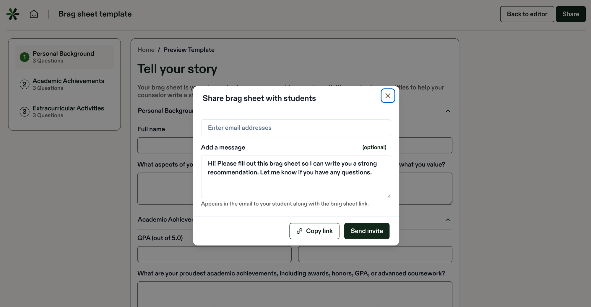 Generating Brag Sheet Link to Share with Students