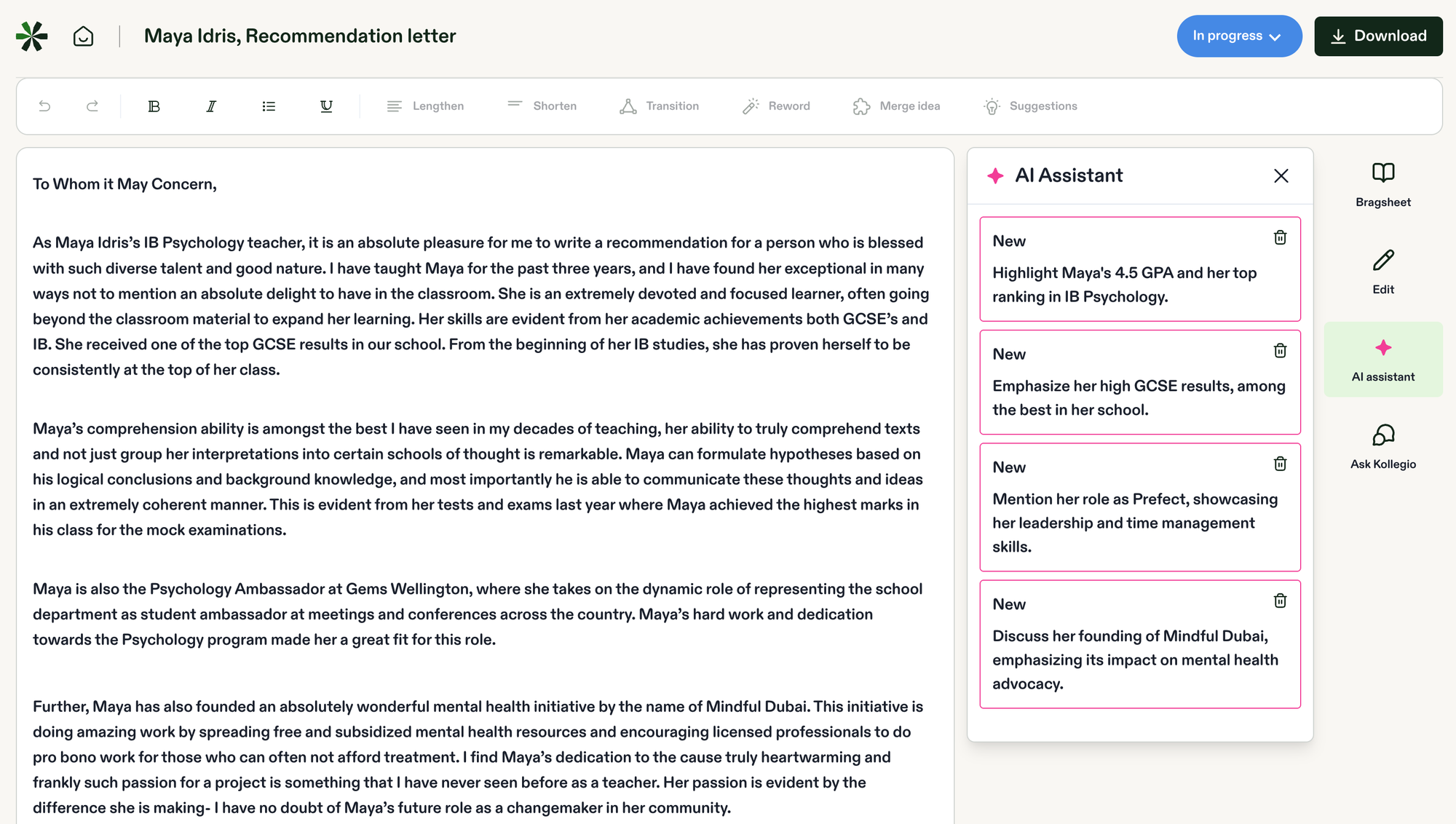Kollegio's AI tools for writing impactful recommendations