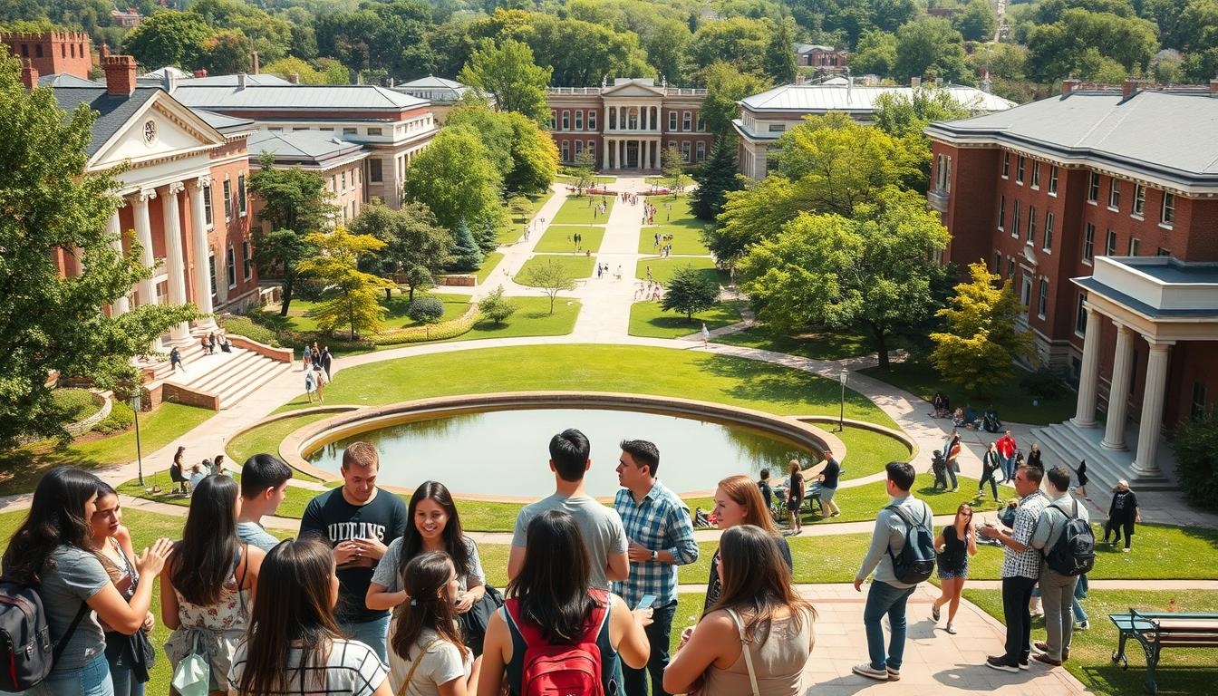 A vibrant campus setting with stately academic buildings, surrounded by lush greenery and a tranquil pond. In the foreground, groups of students engage in lively discussions, gesturing animatedly as they explore concepts from their business and liberal arts programs. The middle ground features modern lecture halls and laboratories, conveying the depth and rigor of the curricula. The background showcases a sprawling, tree-lined quad, with students strolling between classes or relaxing on benches, creating an atmosphere of intellectual vitality and community. Warm, natural lighting bathes the scene, evoking a sense of inspiration and opportunity.