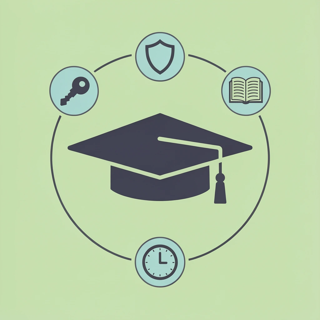 Central icon representing a student, surrounded by interconnected icons of work, family, resources, and schedules