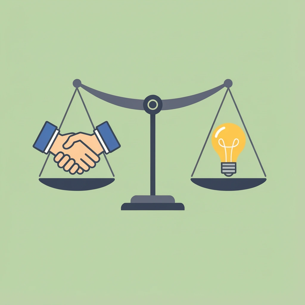 Balance scale comparing intelligence on one side versus initiative and collaboration on the other