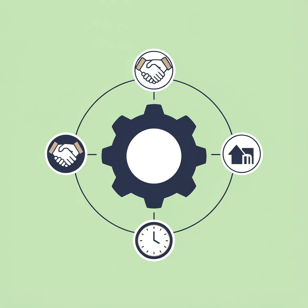 Central hub labeled 'Business Success' connected to four surrounding icons representing adaptability, proactive engagement, collaboration, and leadership
