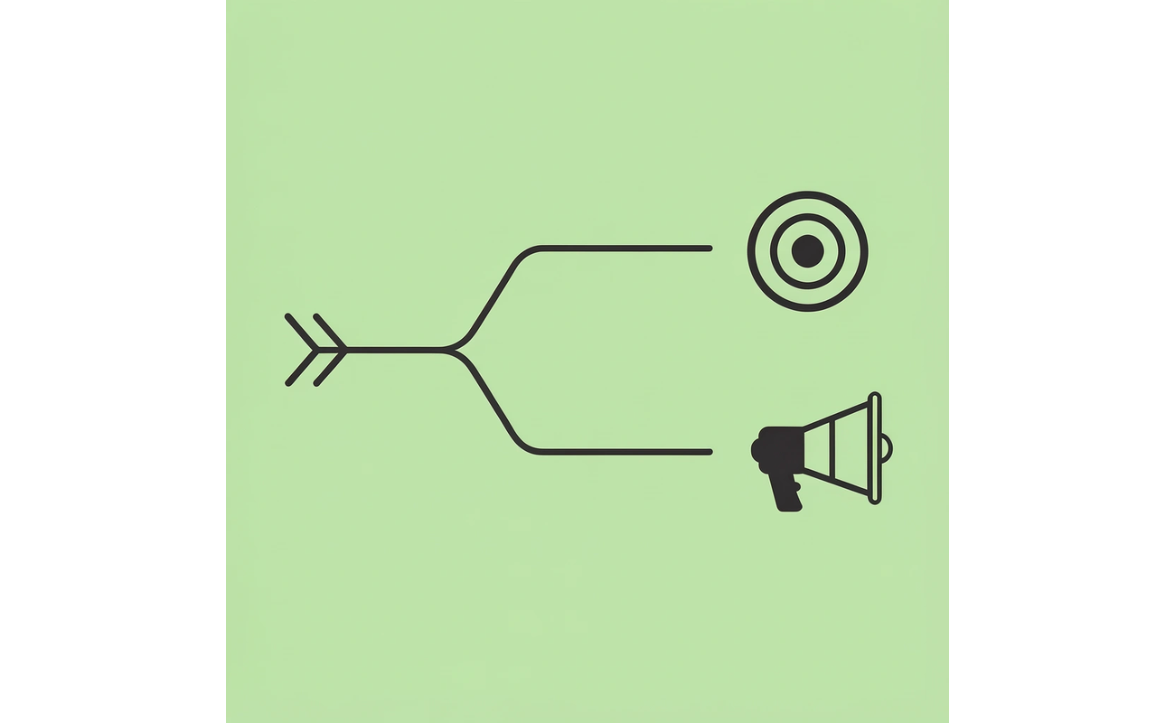 One path splits into two: mass applications leading to weak positioning, targeted applications leading to strong positioning