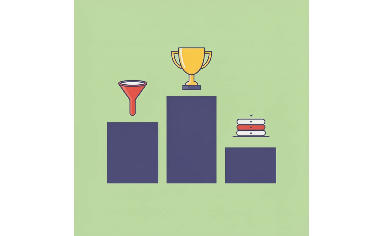 Three-tier podium showing scholarship types ranked by competition level: National Contests (highest), Portfolio Awards (medium), and Niche Programs (lower competition)