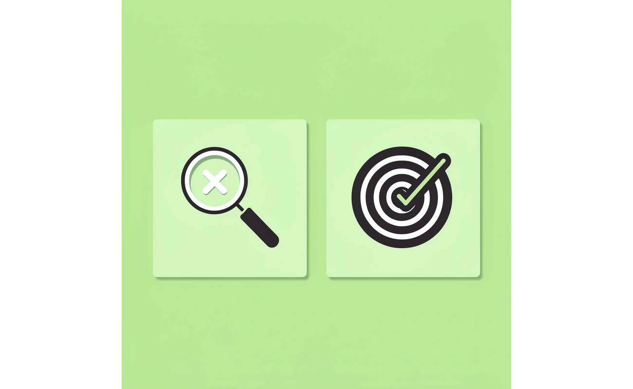 Before: scattered research papers and clock; After: checkmark with targeted match icon