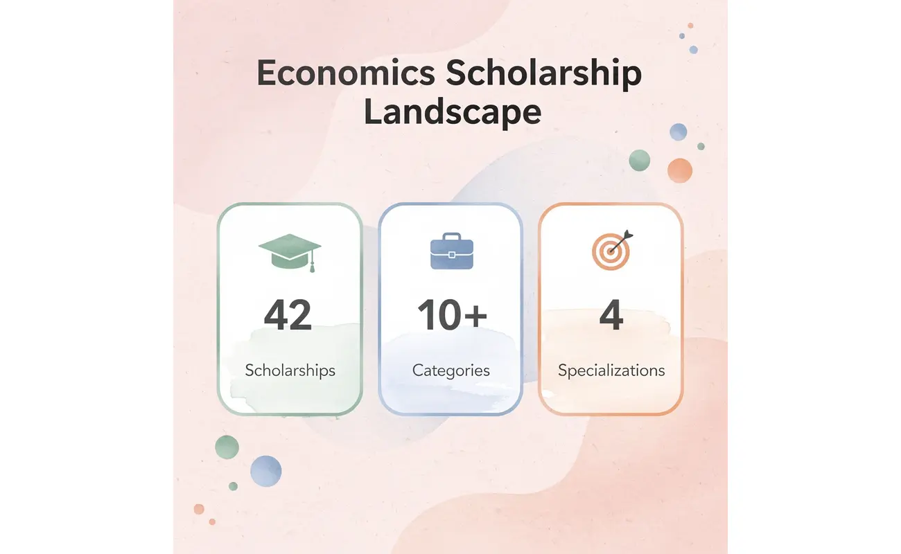 Statistics showing the economics scholarship landscape with 42 scholarships across categories