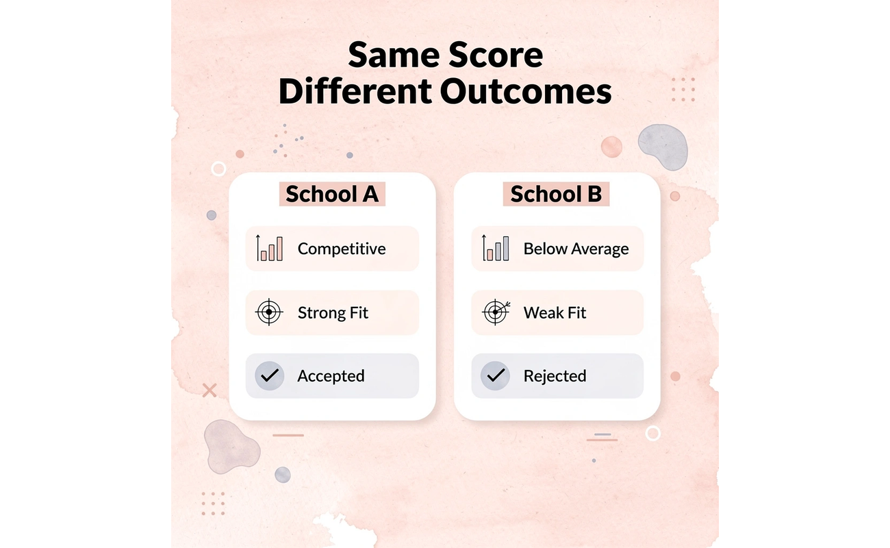 Comparison showing how the same SAT score performs differently at different schools