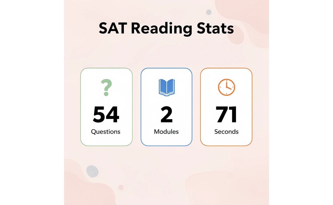 Infographic showing SAT reading statistics: 54 questions, 2 modules, 71 seconds per question