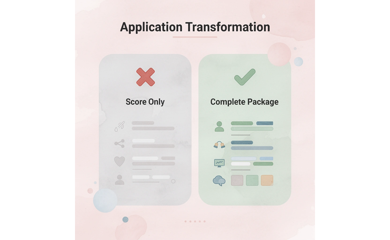 Before and after comparison showing transformation from score-only to complete application package