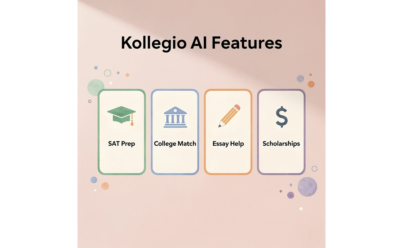 Four feature cards showing Kollegio AI capabilities