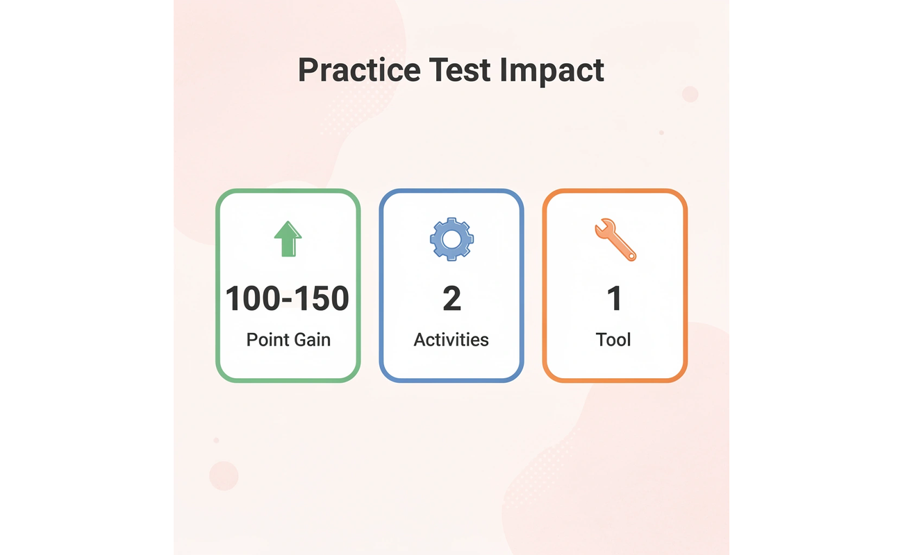 Statistics showing practice test impact with point gains and activities