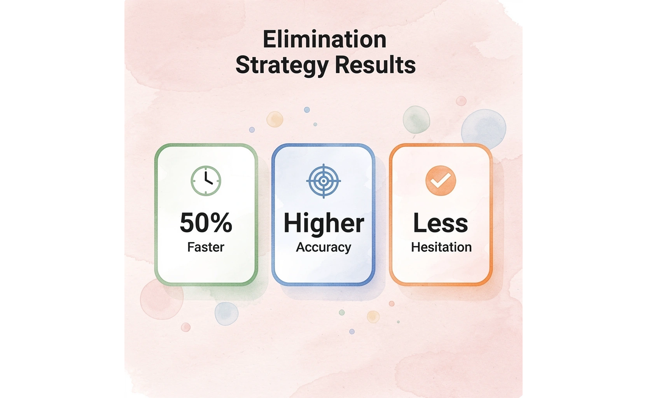 Statistics showing elimination strategy results: 50% faster completion, higher accuracy, and less hesitation
