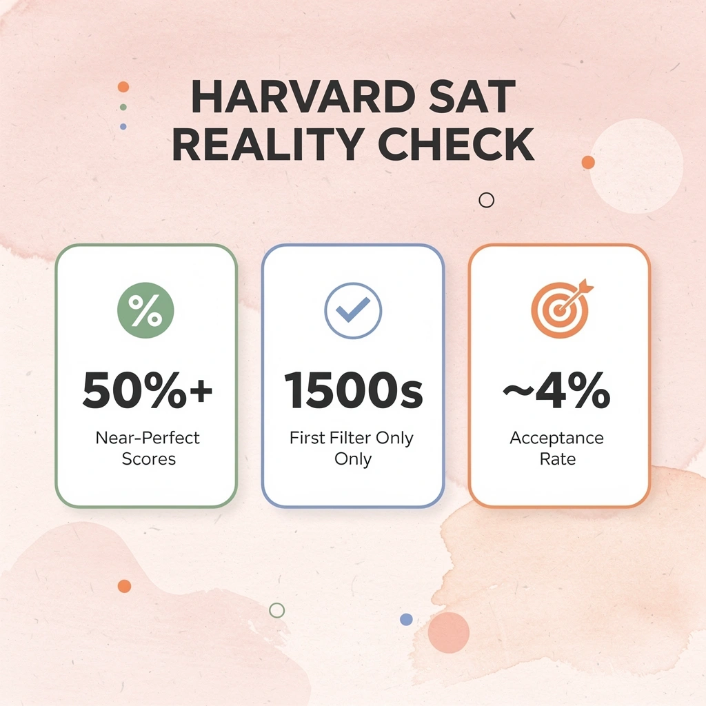 Infographic showing Harvard SAT score statistics and acceptance reality