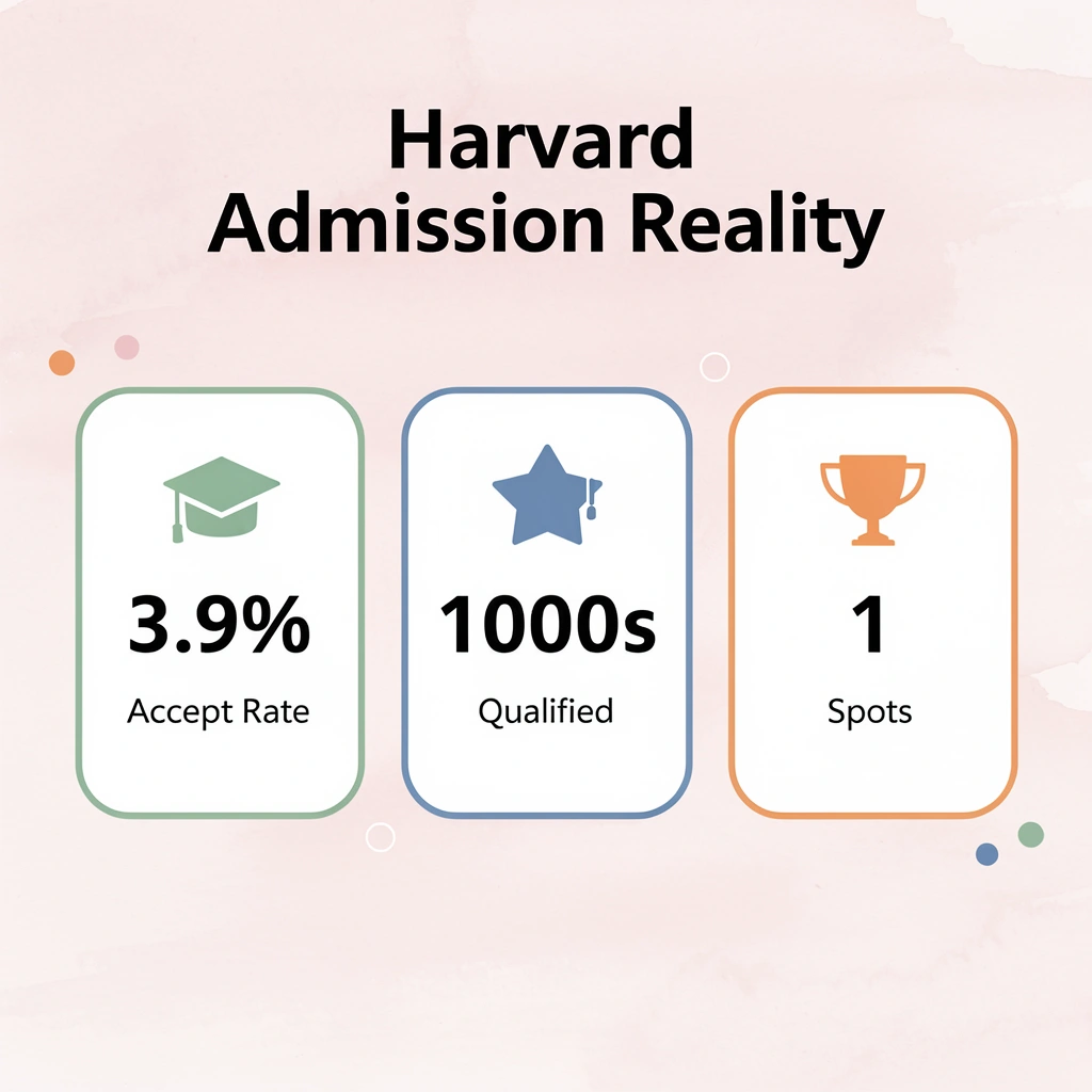 Statistics showing Harvard's 3.9% acceptance rate, thousands of qualified applicants, and limited spots