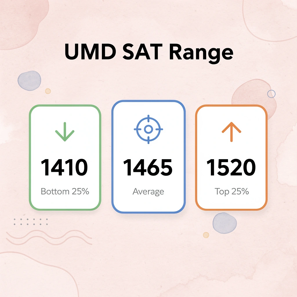 Infographic showing UMD's SAT score range with bottom 25%, average, and top 25% scores