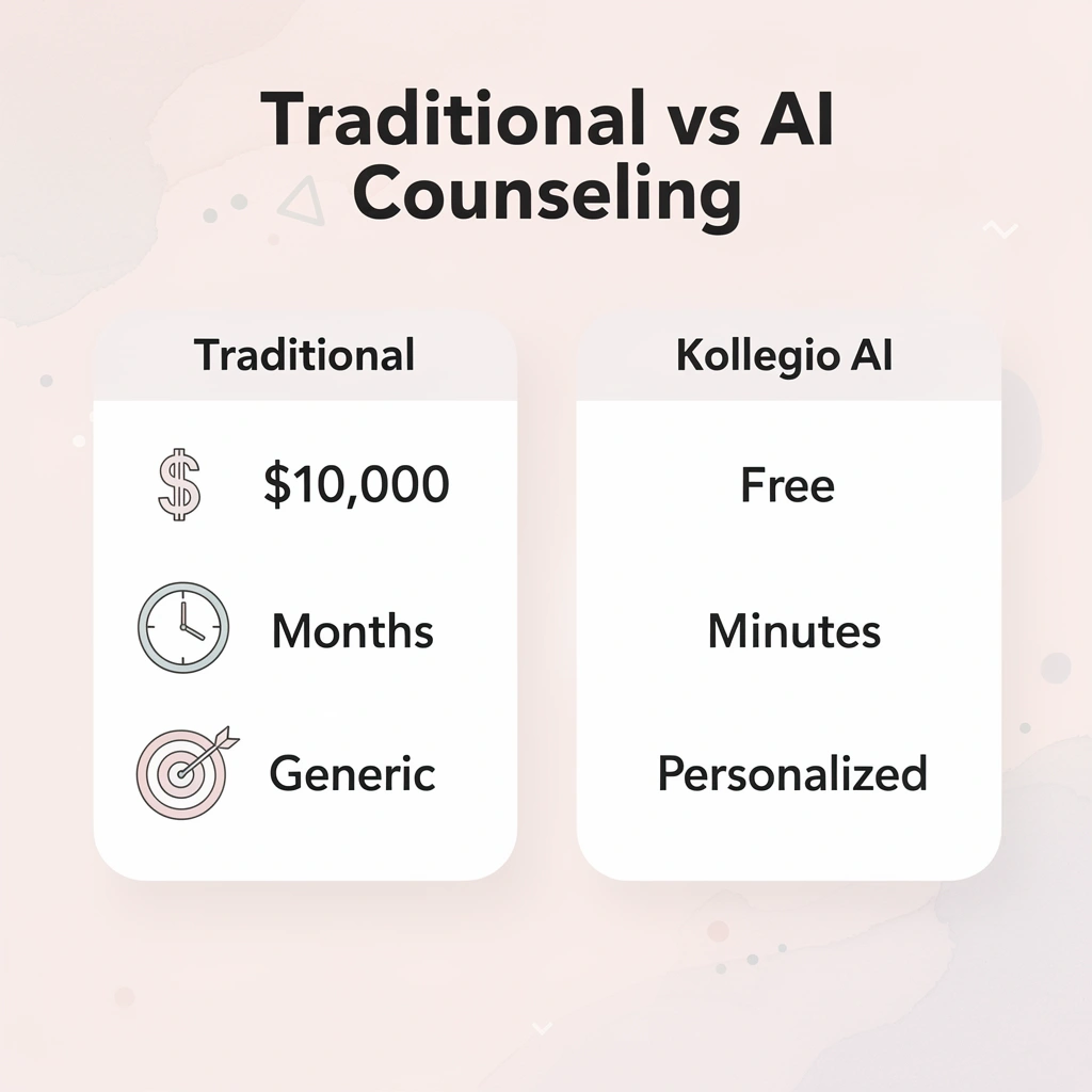 Comparison chart showing traditional counseling versus Kollegio AI benefits