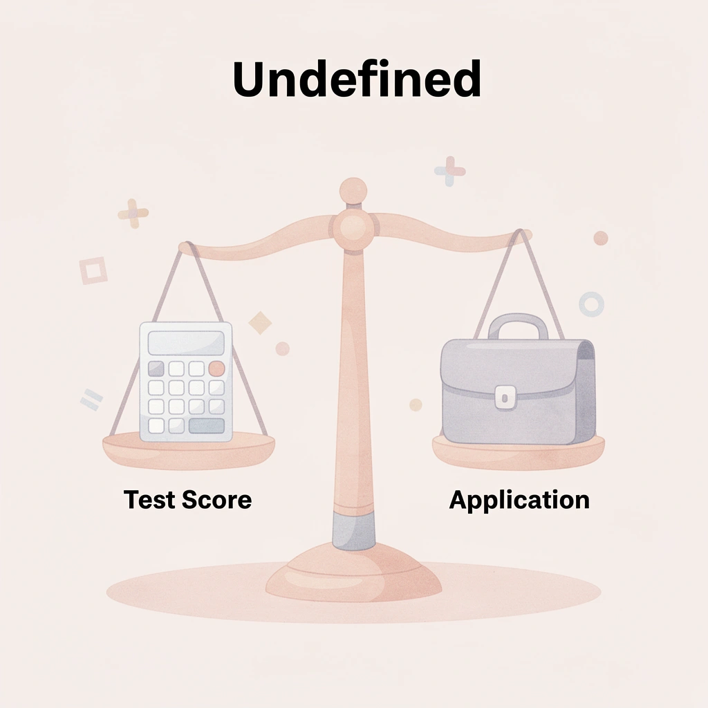 Balance scale comparing test scores versus overall application strength