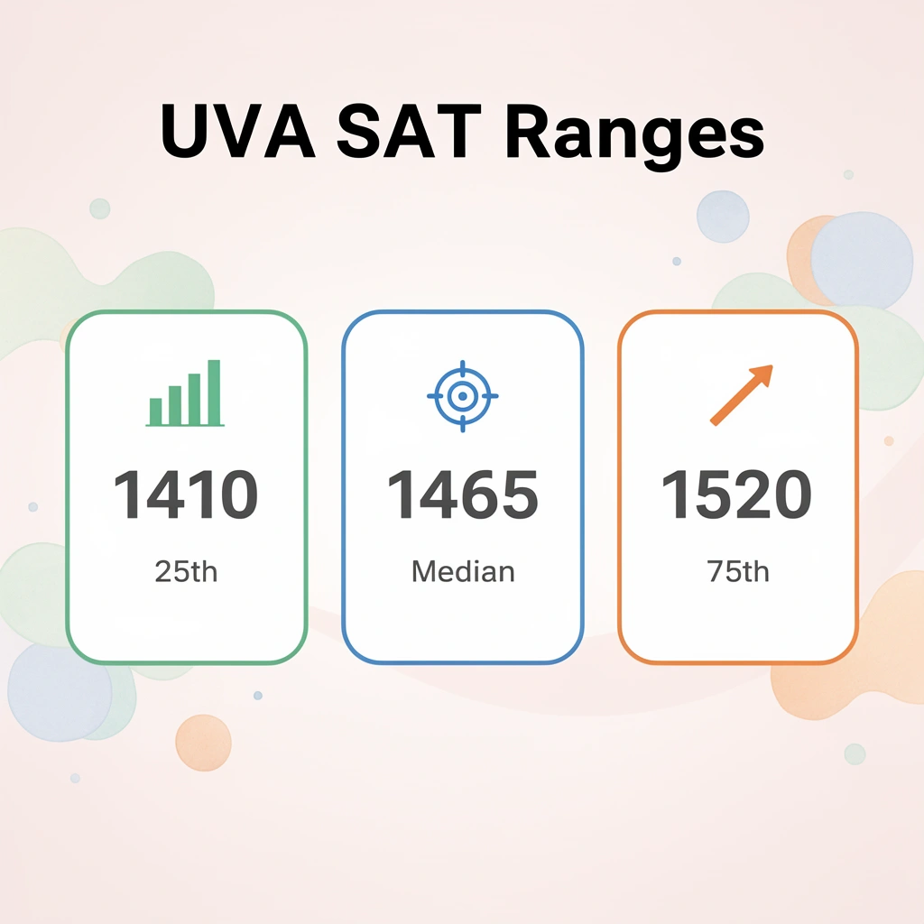 Infographic showing UVA SAT score ranges at 25th, median, and 75th percentiles