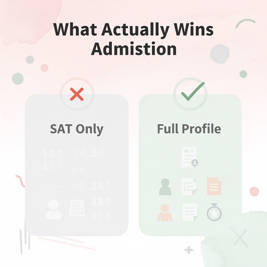 Before and after infographic comparing SAT-only focus versus a full competitive application profile