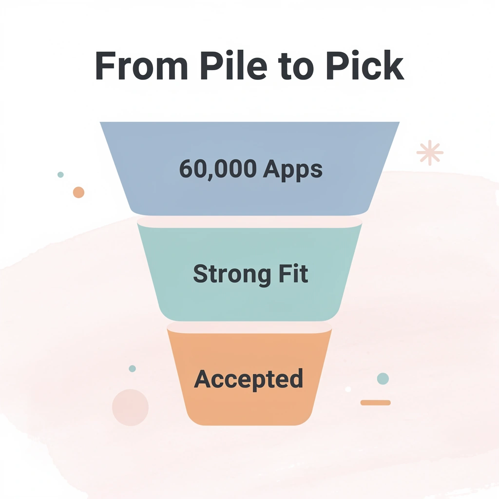 Funnel infographic showing how applications narrow from 60,000 to accepted