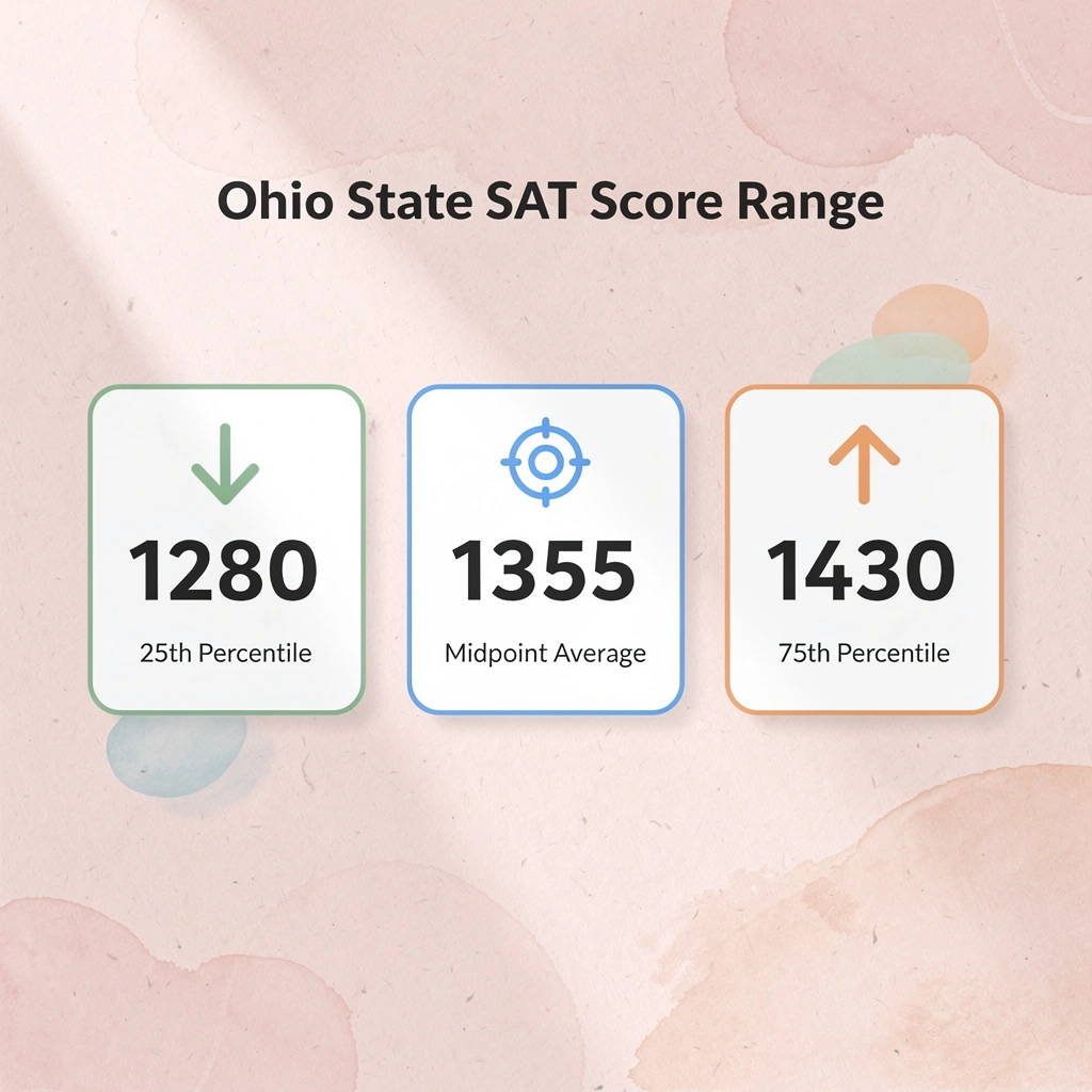 Infographic showing Ohio State SAT score range: 1280 at 25th percentile, 1355 midpoint, 1430 at 75th percentile