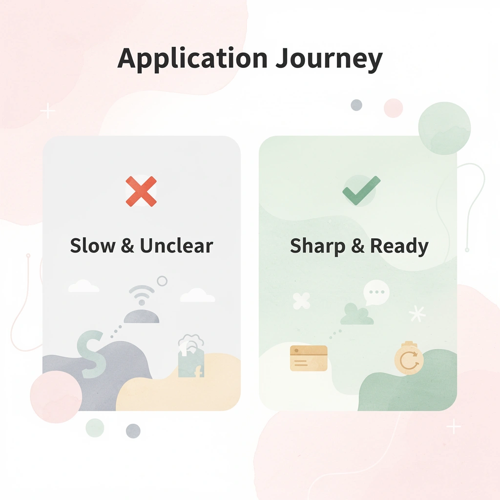 Before and after showing transformation from a slow, unclear application process to a sharp, competitive one