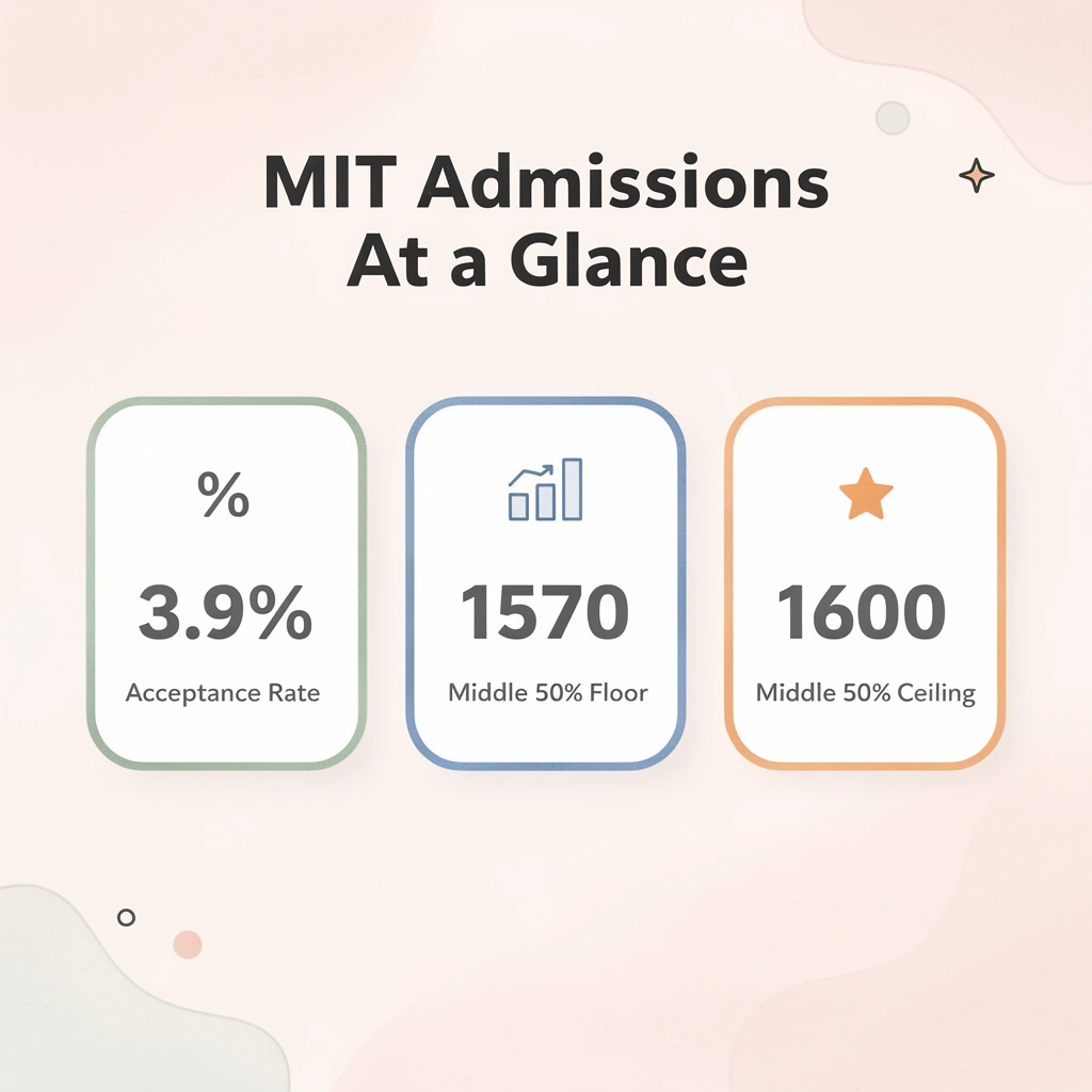 Infographic showing three key MIT admissions statistics, including acceptance rate and SAT score range