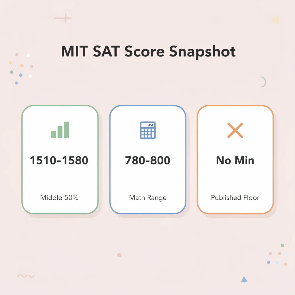 Infographic showing MIT SAT score statistics including middle 50% range and math section scores