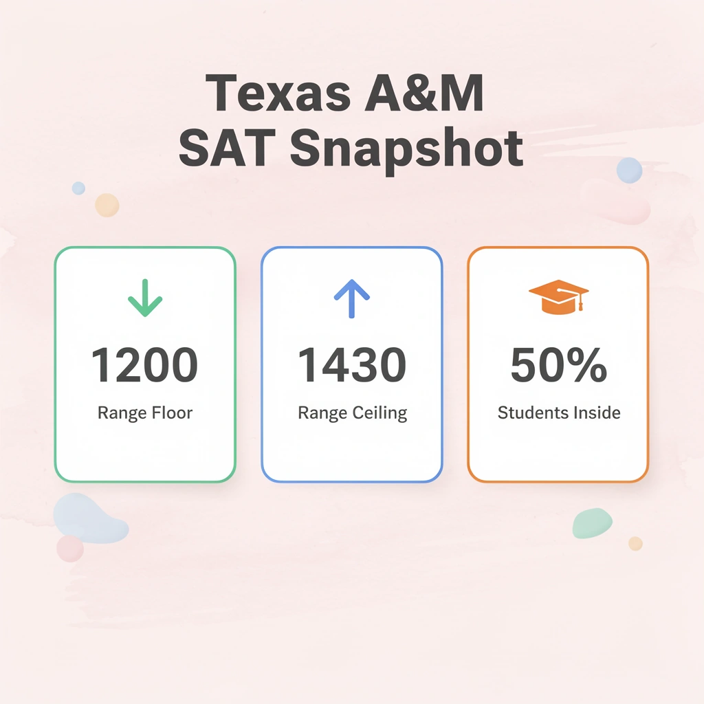 Infographic showing Texas A&M middle 50% SAT score range statistics