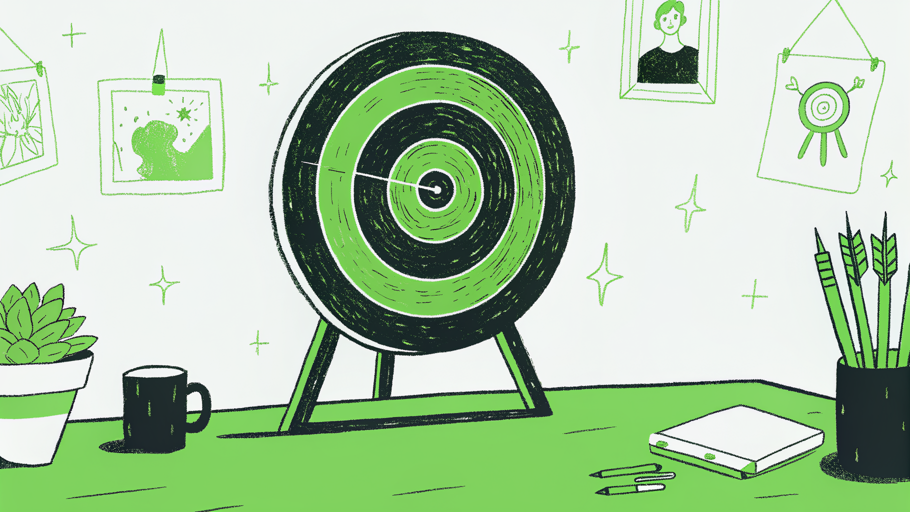 Bullseye target with arrow in middle ring, surrounded by student profile and achievement icons 