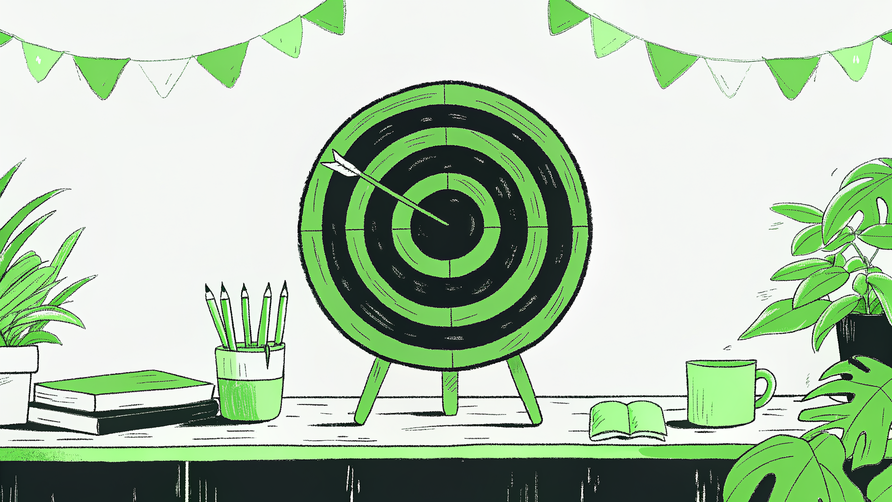 Concentric target with dart in outer ring beside college pennants, showing score context gap