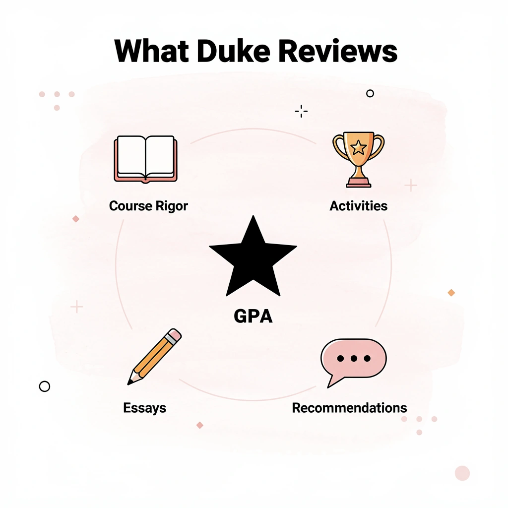 Hub and spoke infographic showing the five factors Duke reviews in applications
