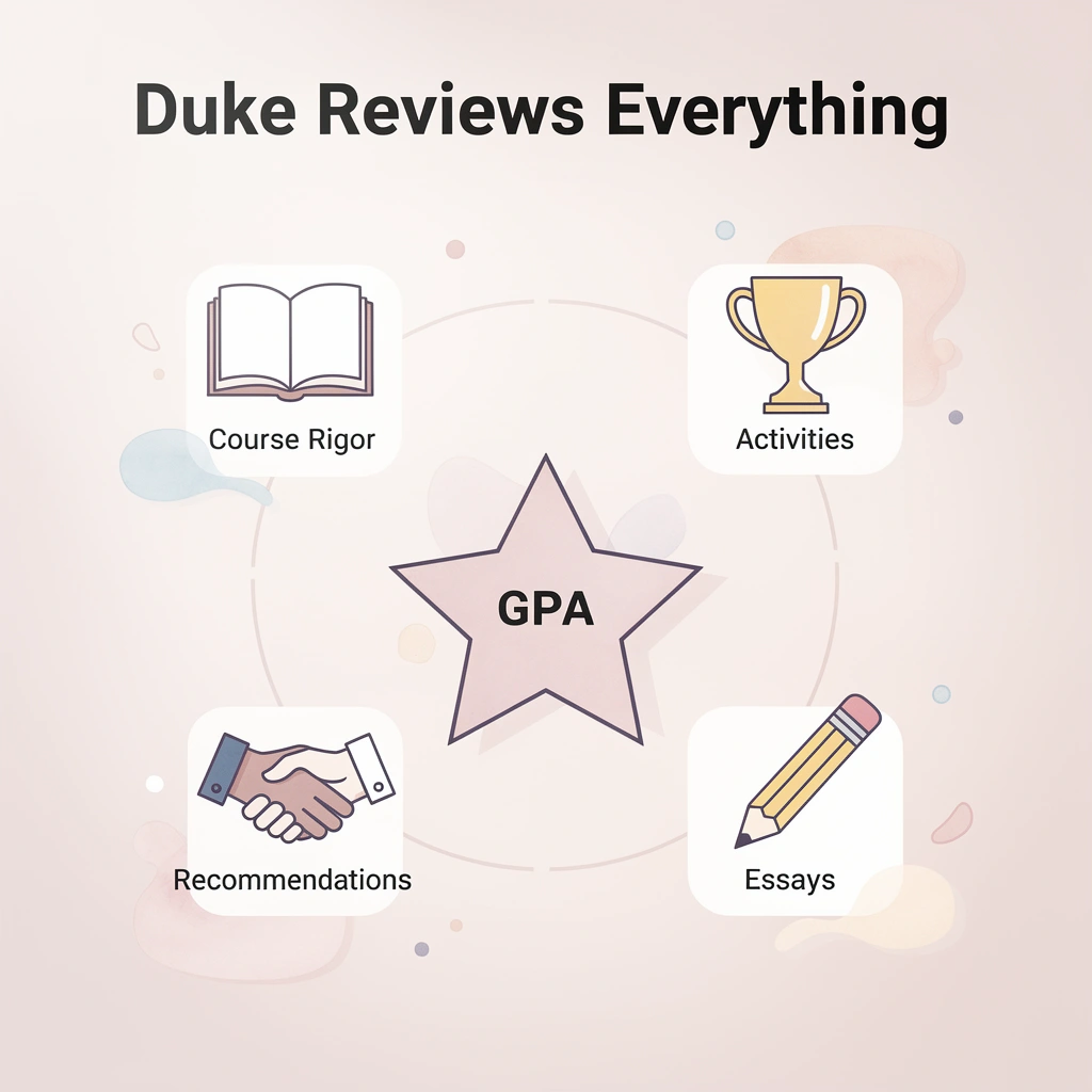Hub and spoke diagram showing Duke admissions factors including GPA, course rigor, activities, essays, and recommendations