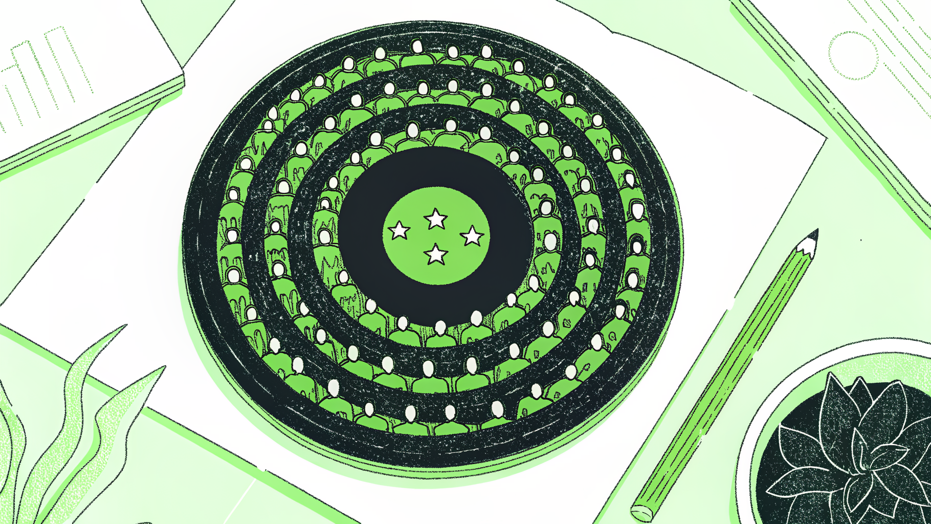 Crowded target rings packed with identical applicant silhouettes, tiny admitted cluster at bullseye