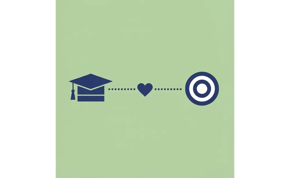 Two connected icons showing a student profile linking to a scholarship mission