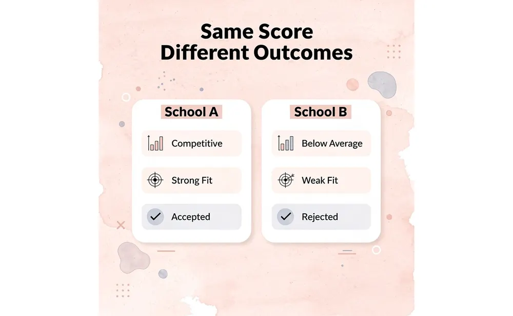Comparison showing how the same SAT score performs differently at different schools