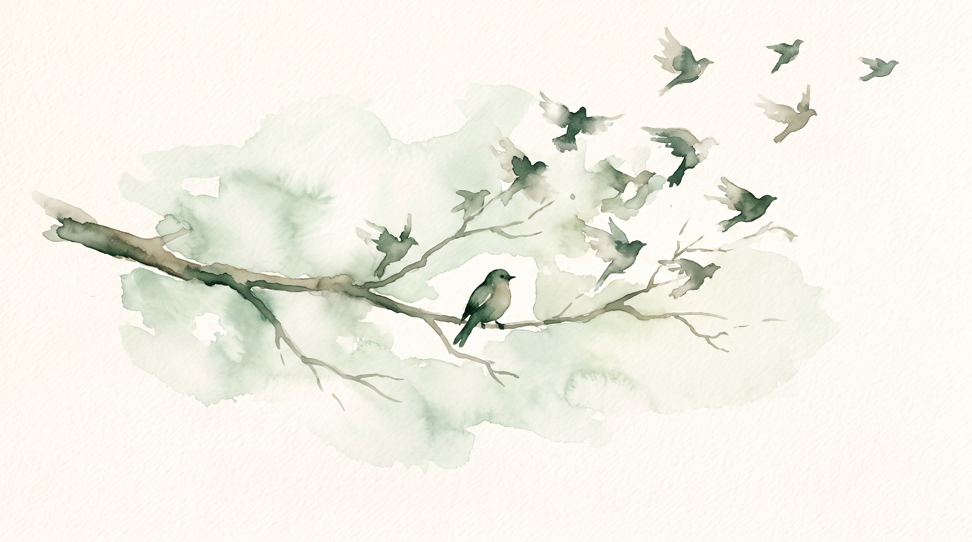 A watercolor of small birds startling from a bare branch while one bird stays perched and still.