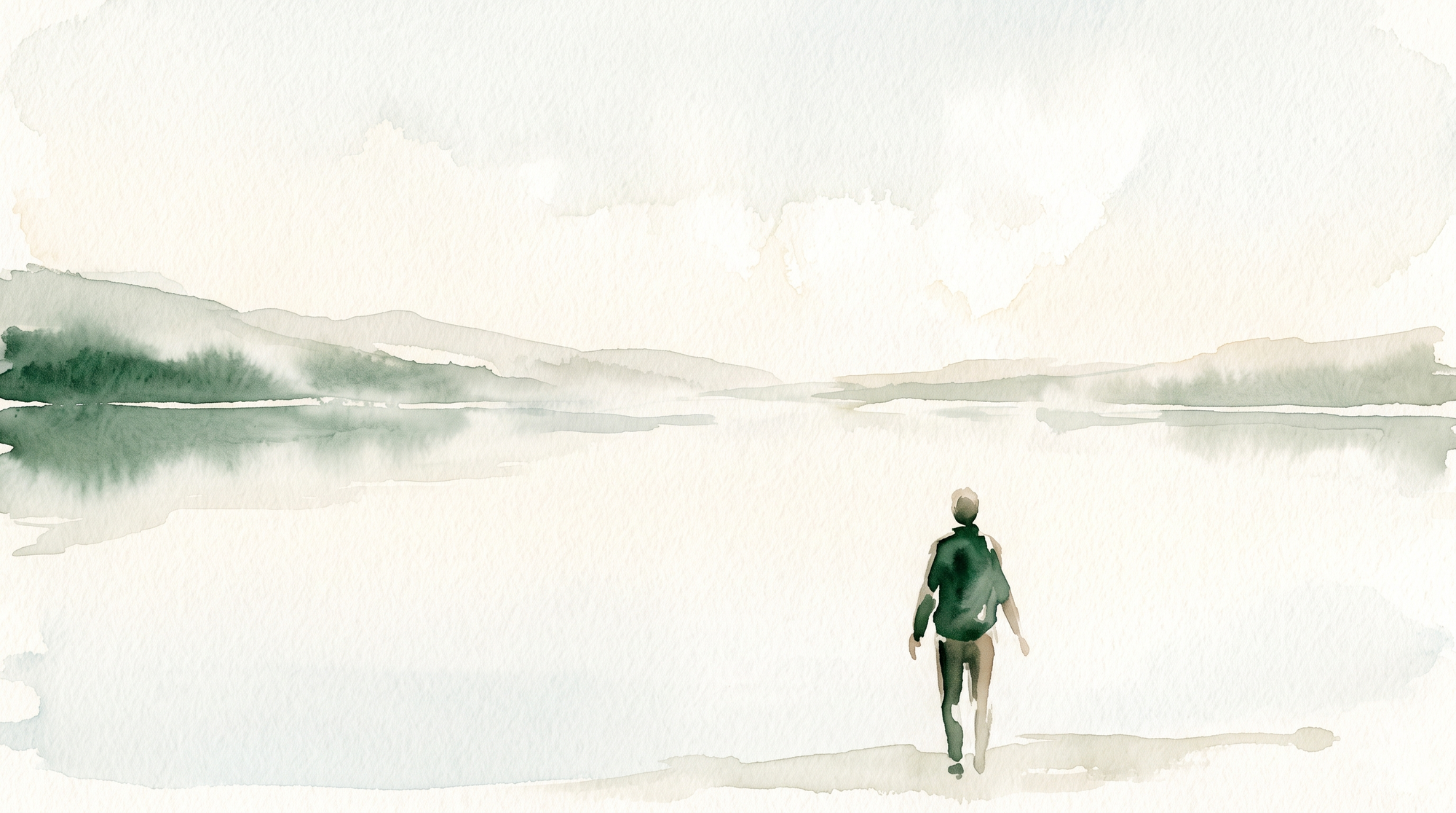 A watercolor of a wide mirror-calm lake at first light, one small figure standing at the near edge, seen from behind.