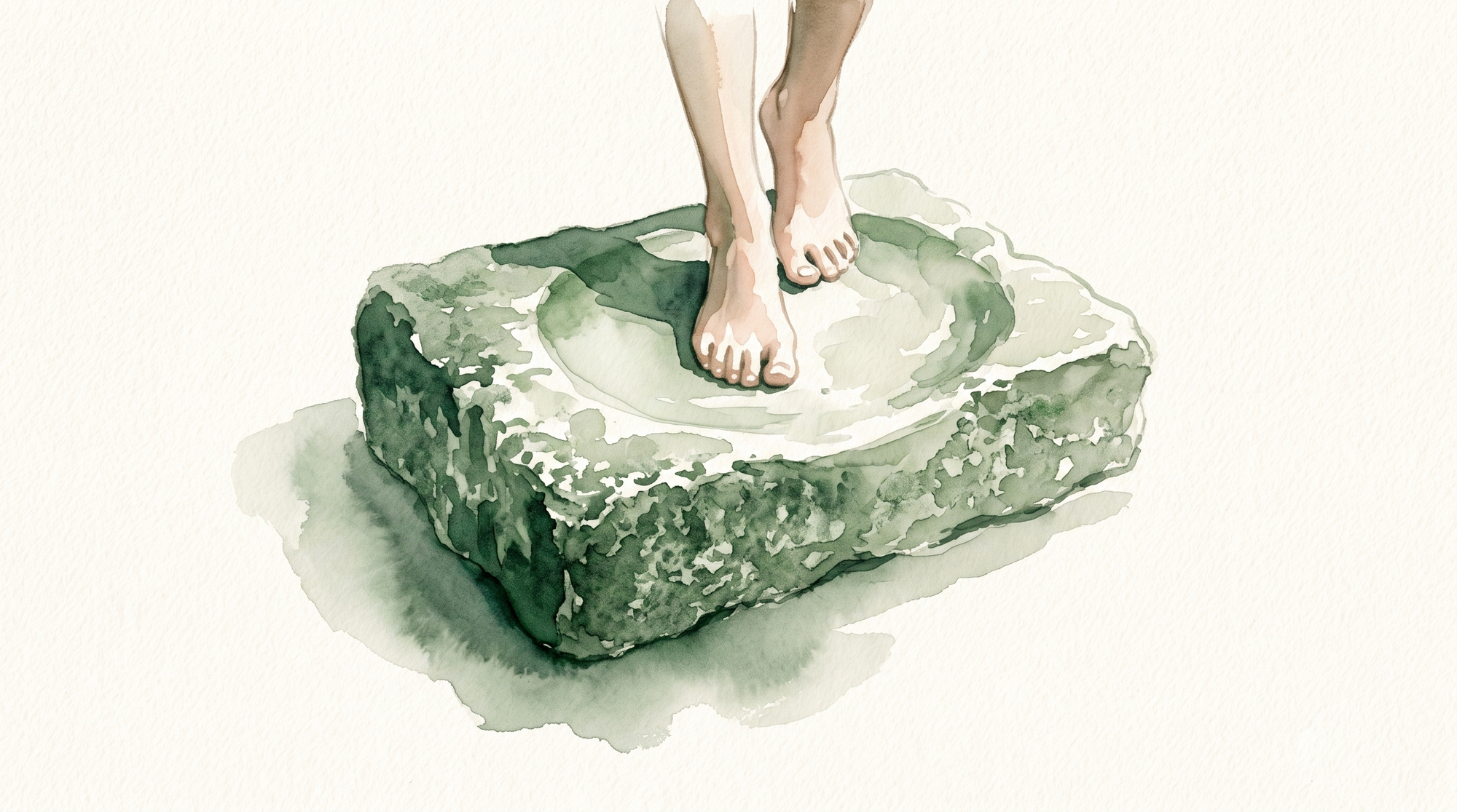 A watercolor of bare feet resting on an old stone step worn smooth in the middle by long use.